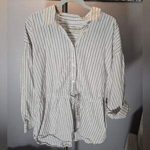 LOFT Striped Button-Up Shirt with Waist Drawstring